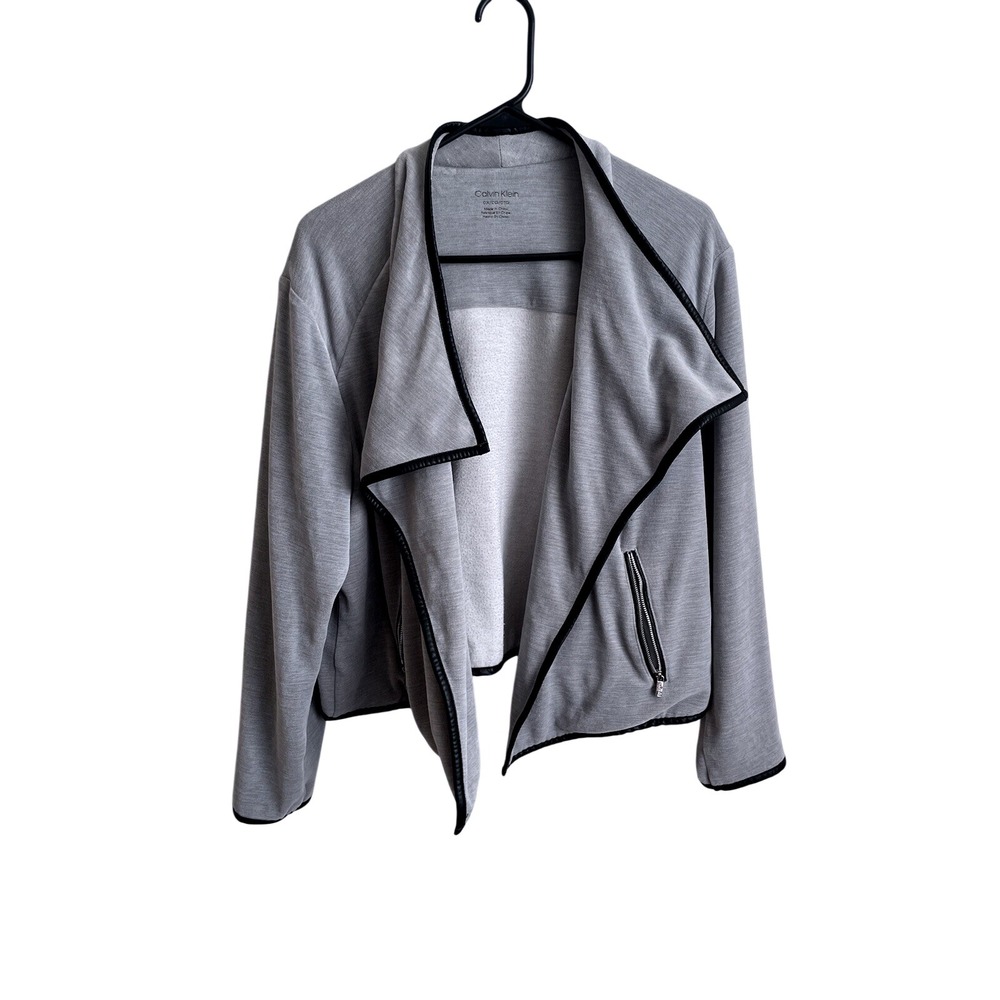 Calvin Klein Jacket Women 0X Grey Excellent Faux Leather Trim Open Front Moto‎